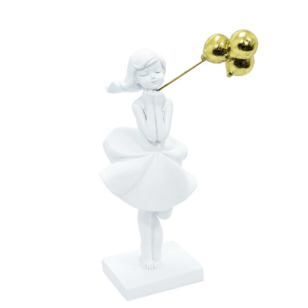 Escultura em Resina Branca Menina com Balão Dourado